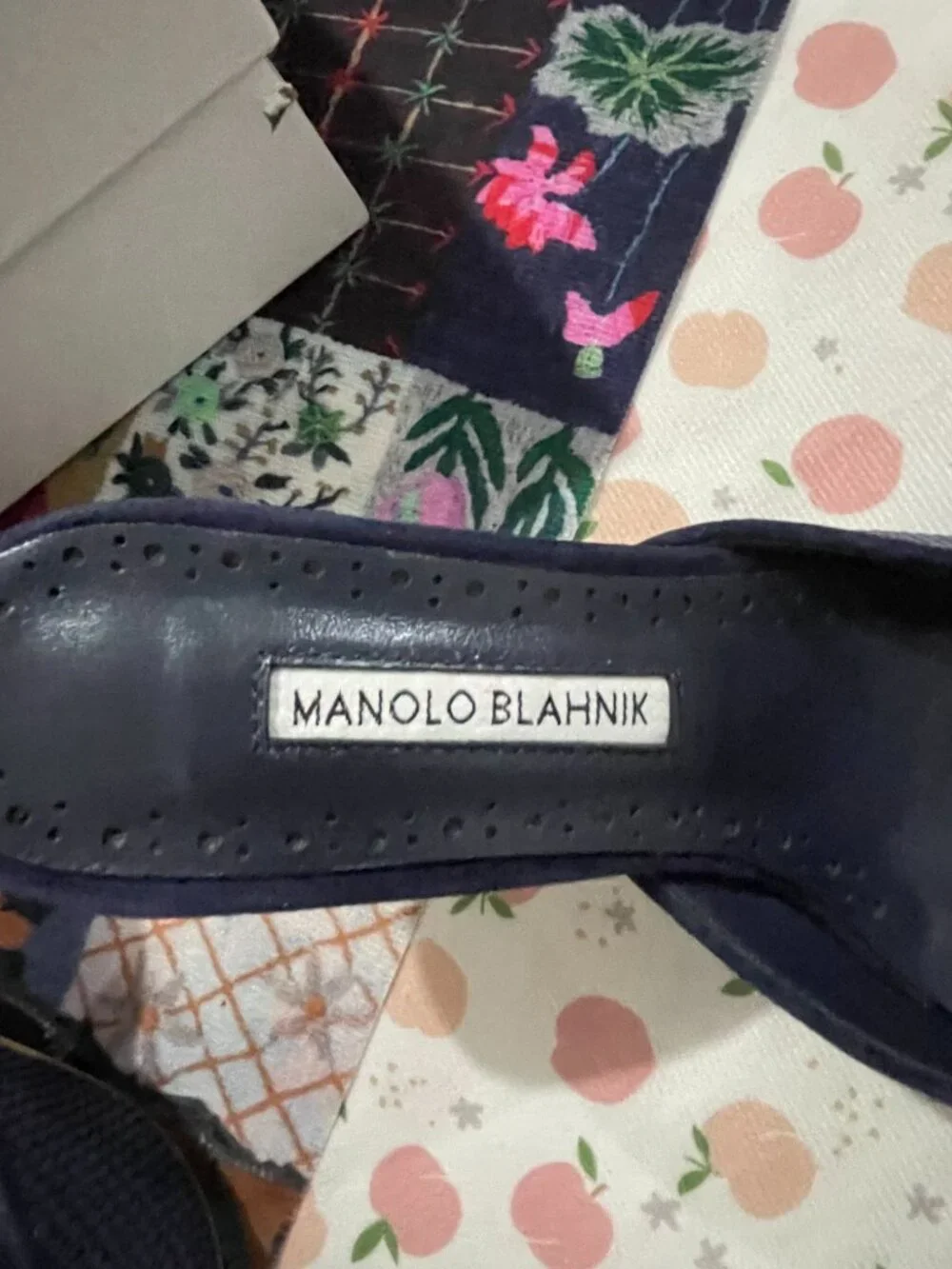 Manolo Blahnik Navy Woven Square-Buckle Mule Heels